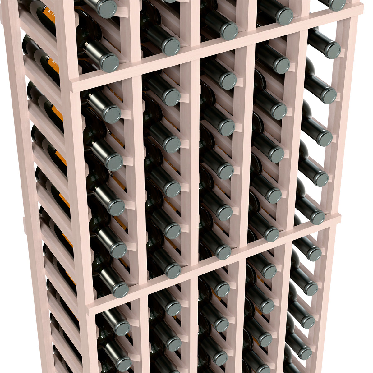 Close-up of 5-column wine rack with whitewashed frame and bottle storage rows