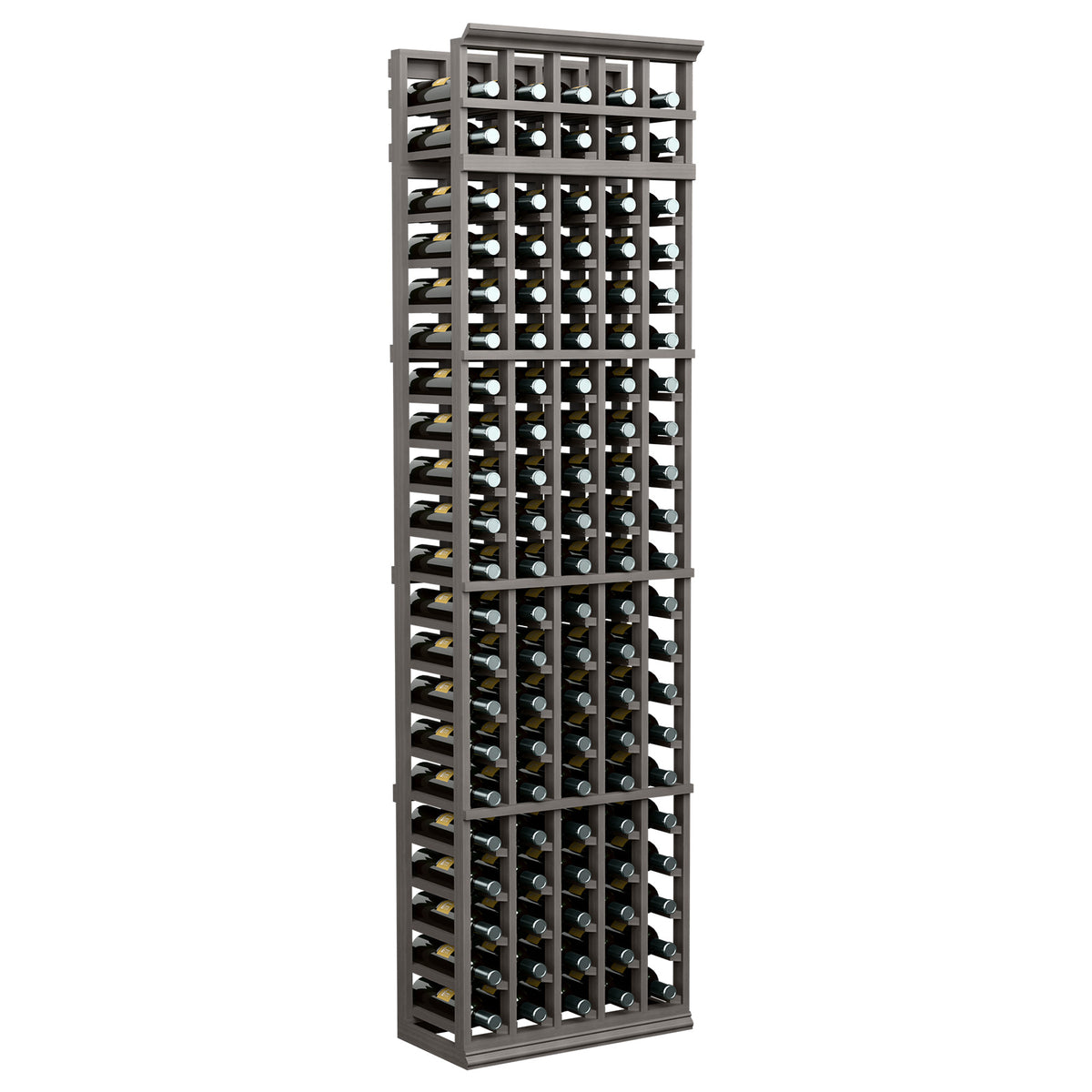 5-column wine bottle rack with dark frame and open bottle-slot grid