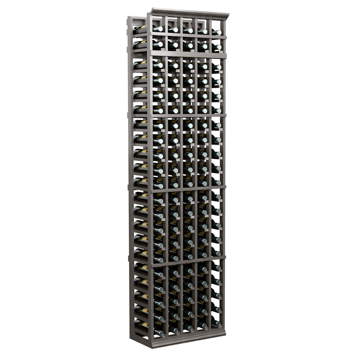 5-column wine bottle rack with dark frame and rows of bottle slots