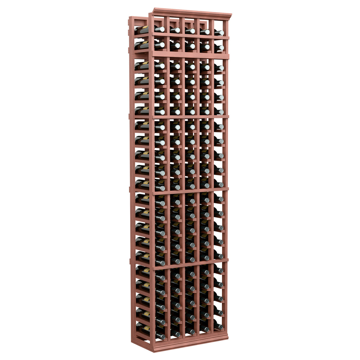 5-column wine bottle rack with reddish-brown frame and open bottle-slot grid