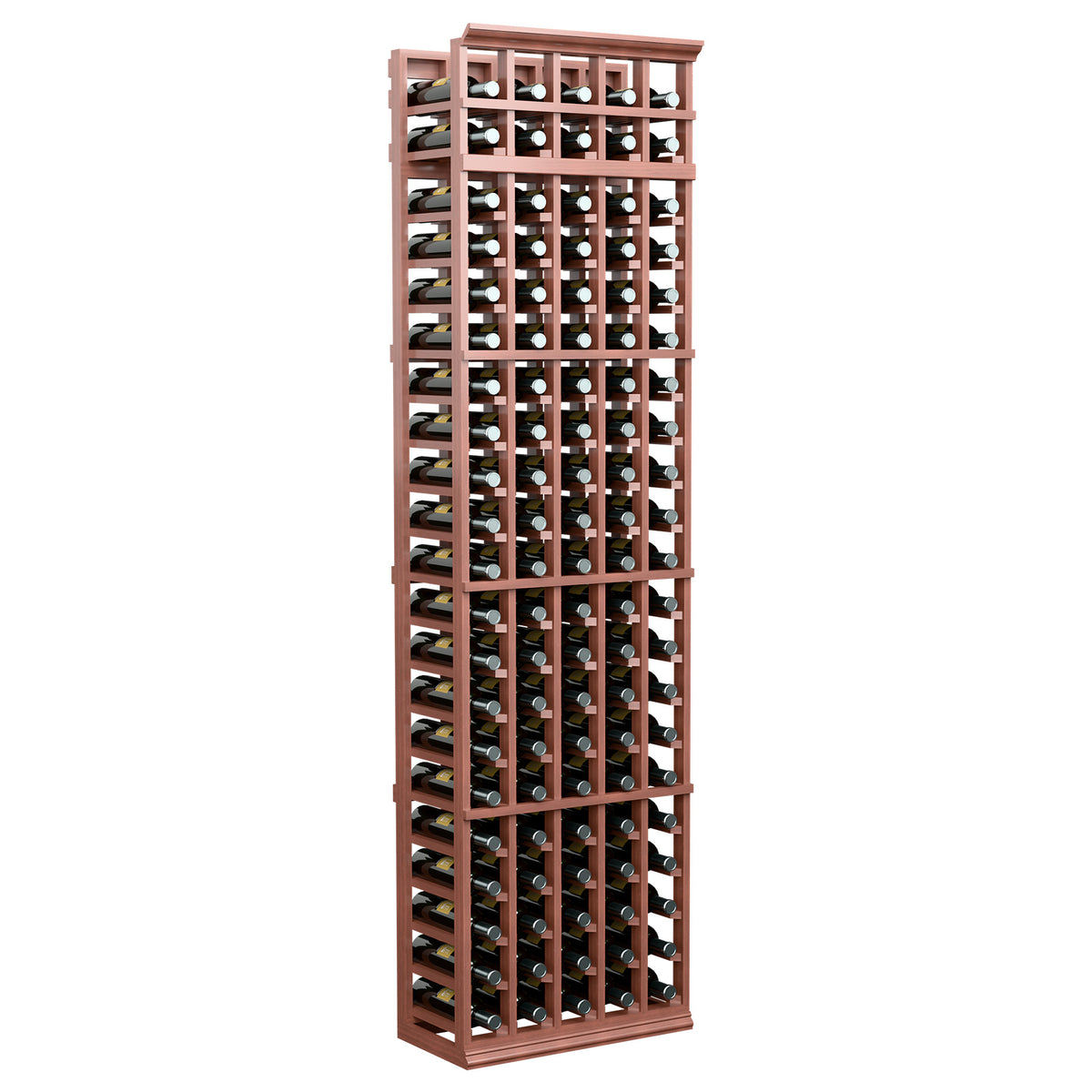 5-column wine bottle rack with warm brown frame and rows of bottle slots