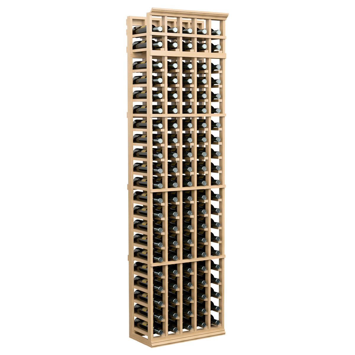 5-column wine bottle rack with light wood frame and multiple bottle rows
