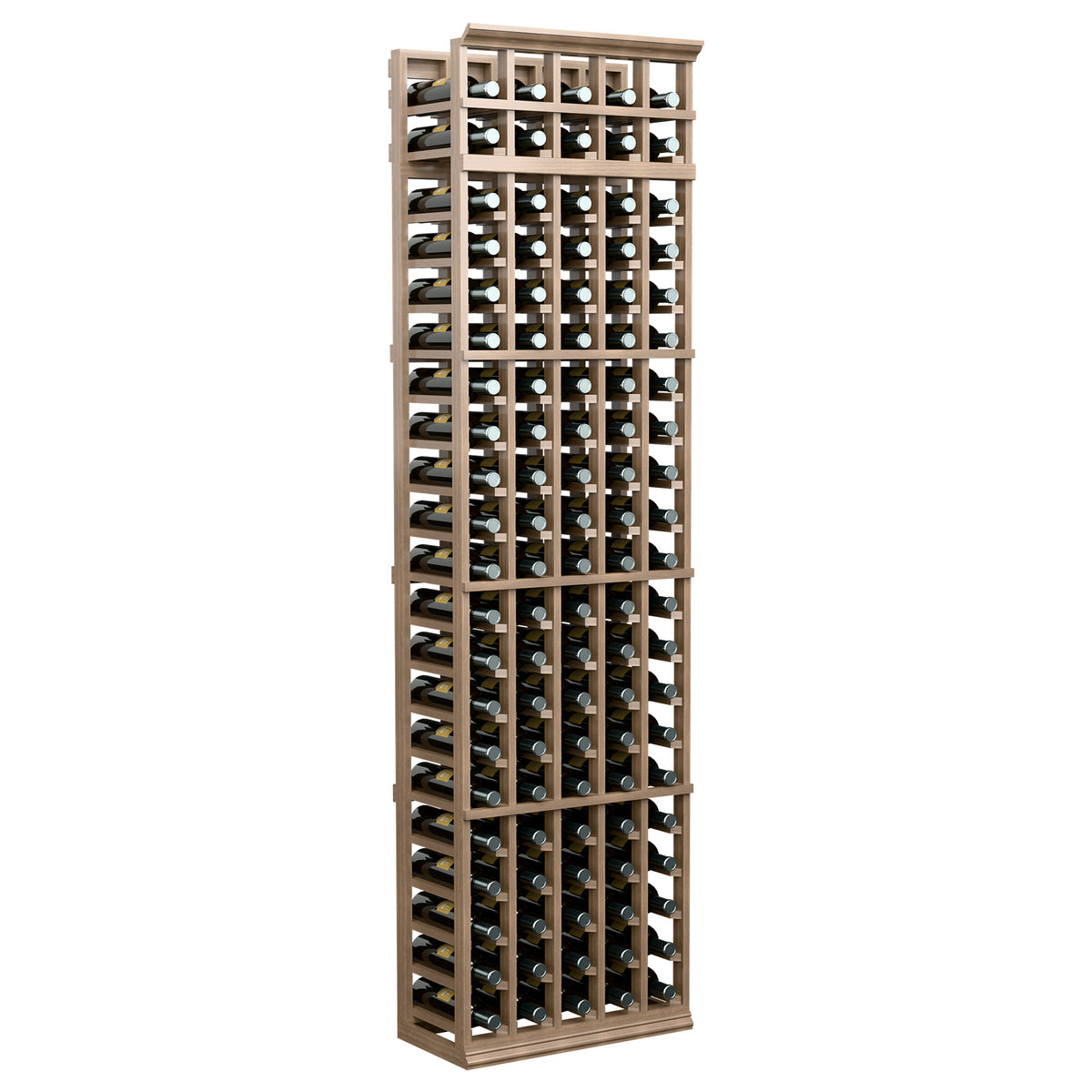 5-column wine bottle rack with medium brown frame and bottle storage rows