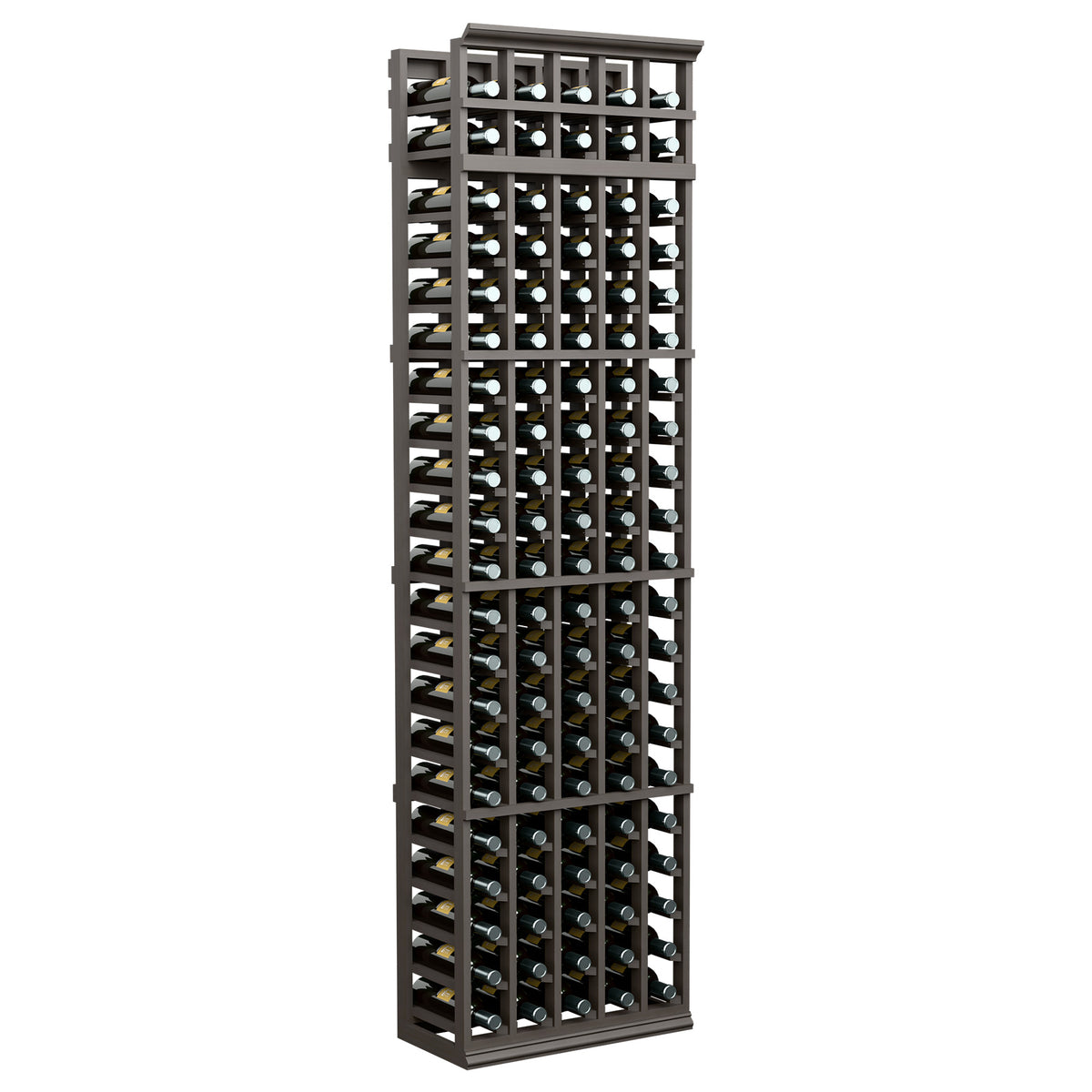 5-column wine bottle rack with dark frame and open bottle-slot grid