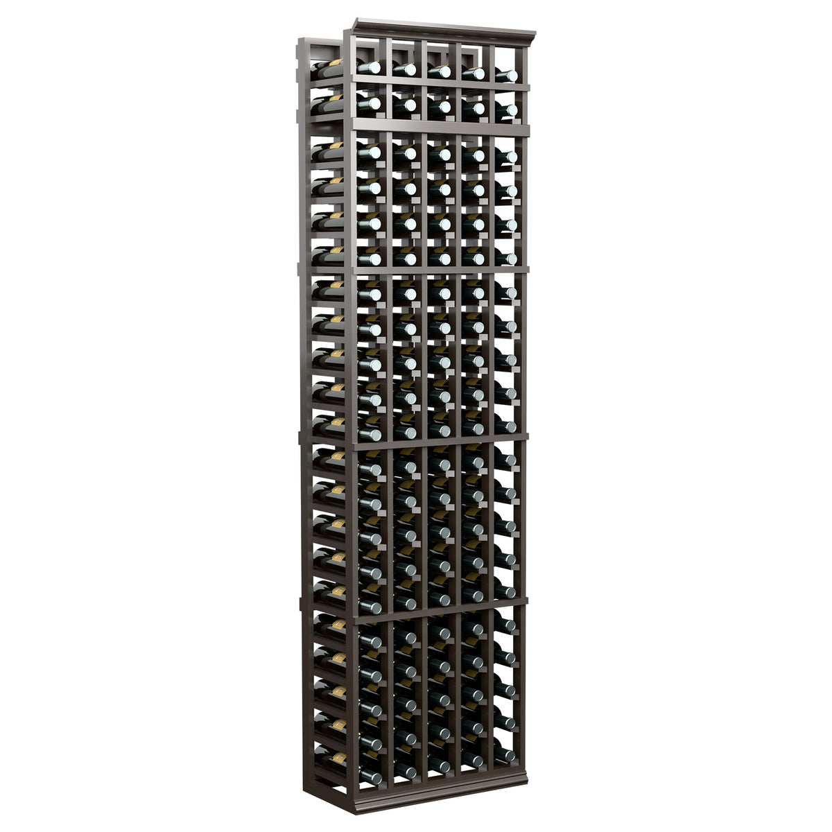5-column wine bottle rack with dark frame and rows of bottle slots