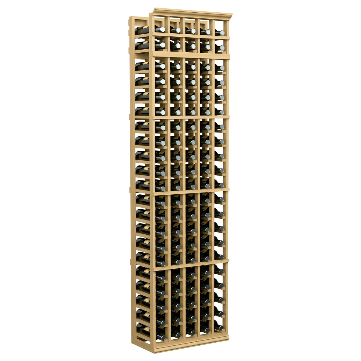 7ft 5-column wine bottle rack with natural wood frame and front bottle holders