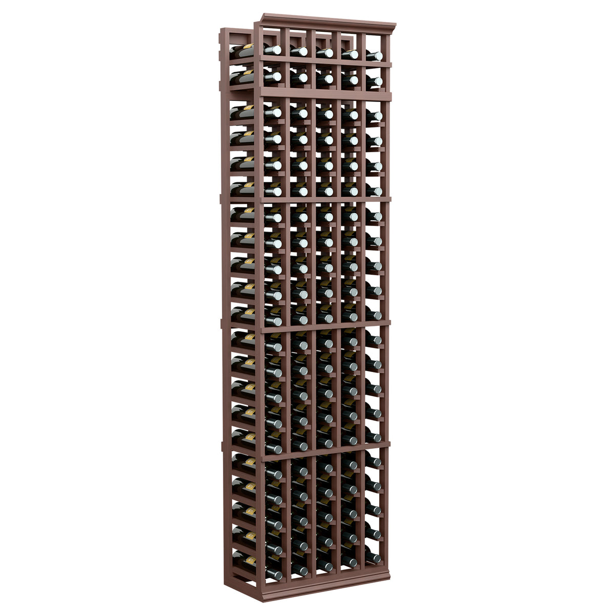 7ft 5-column wine bottle rack with dark wood frame and glass bottle slots