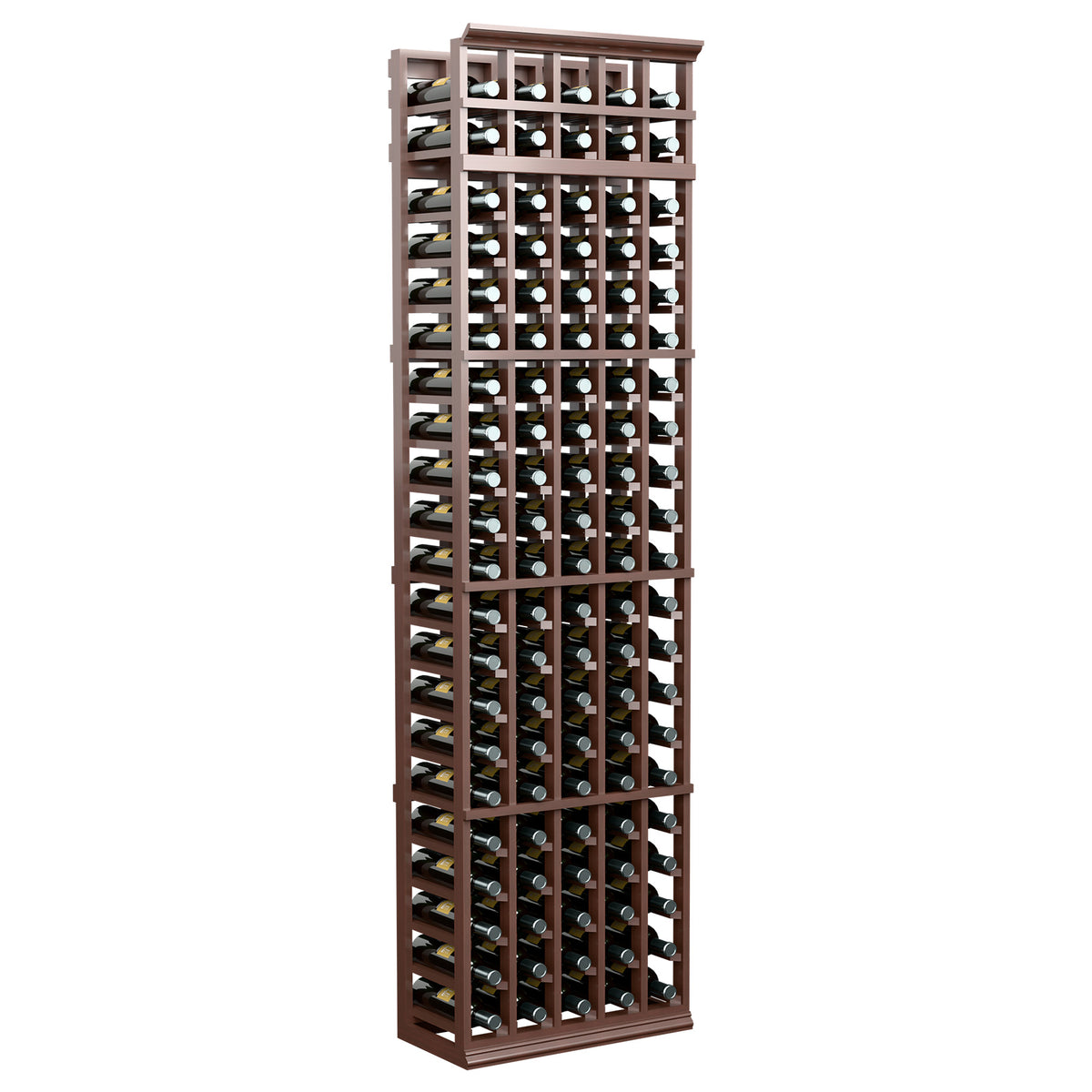 7ft 5-column wine bottle rack with dark wood frame and crisscross divider bars