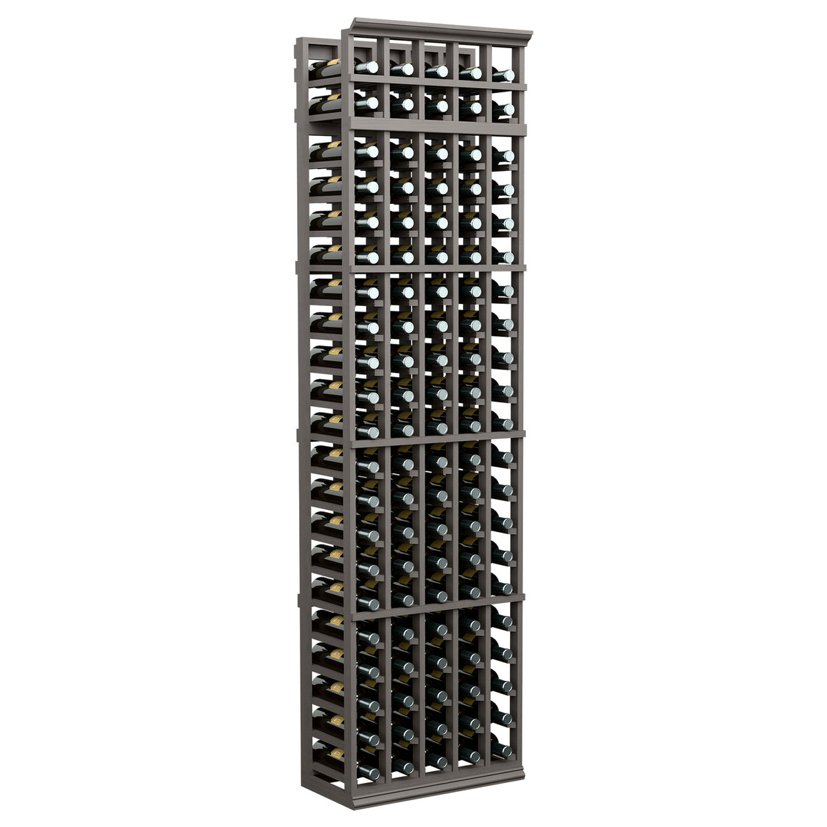 Dark gray 5-column wine bottle rack with grid shelves and bottle openings