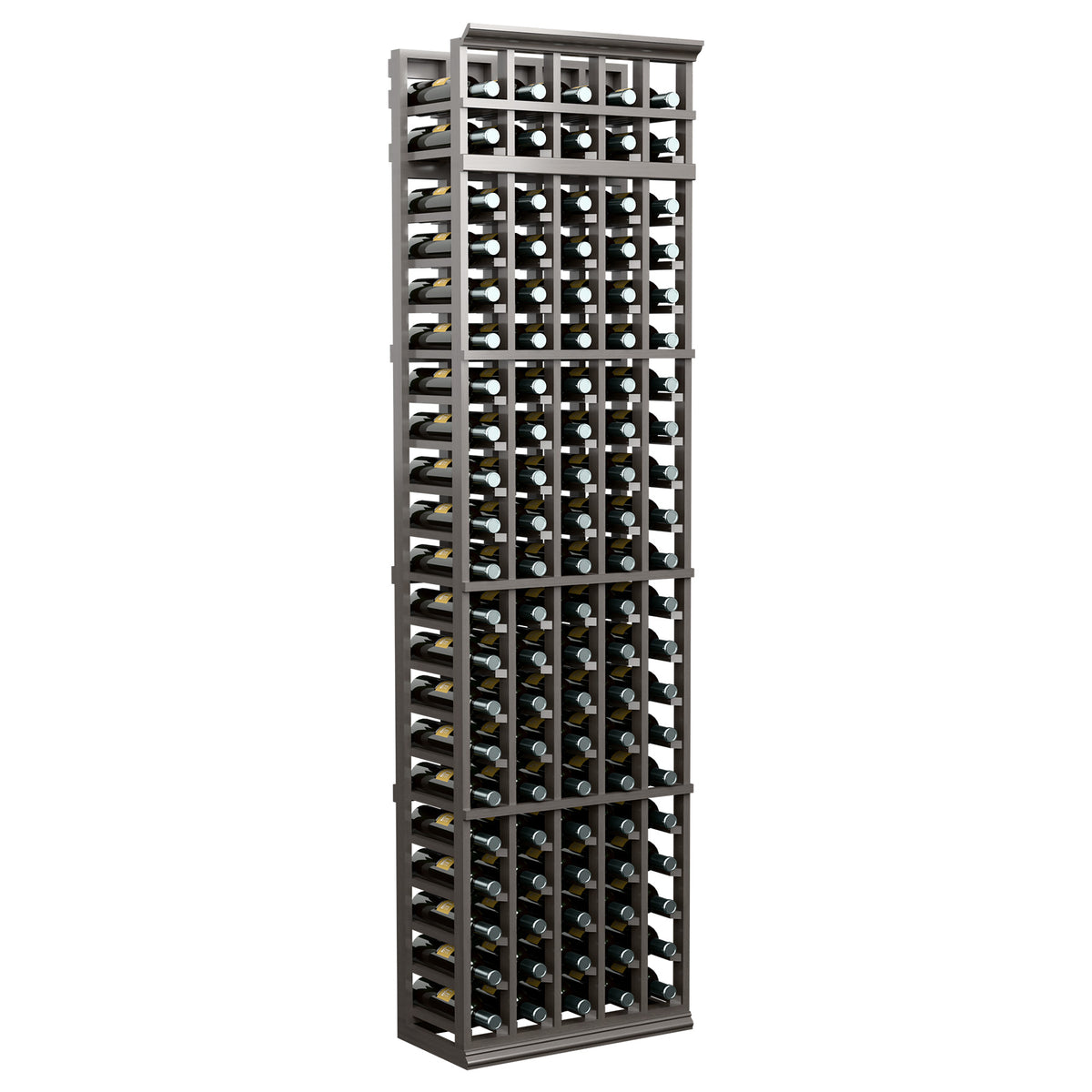Black 5-column wine bottle rack with metal grid shelves and bottle openings