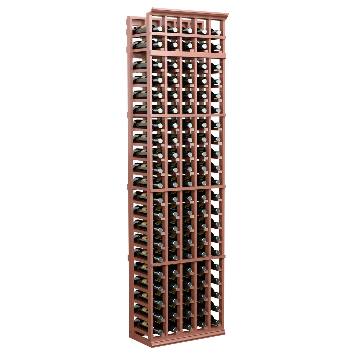 Warm brown 5-column wine bottle rack with stacked bottle slots and wooden frame