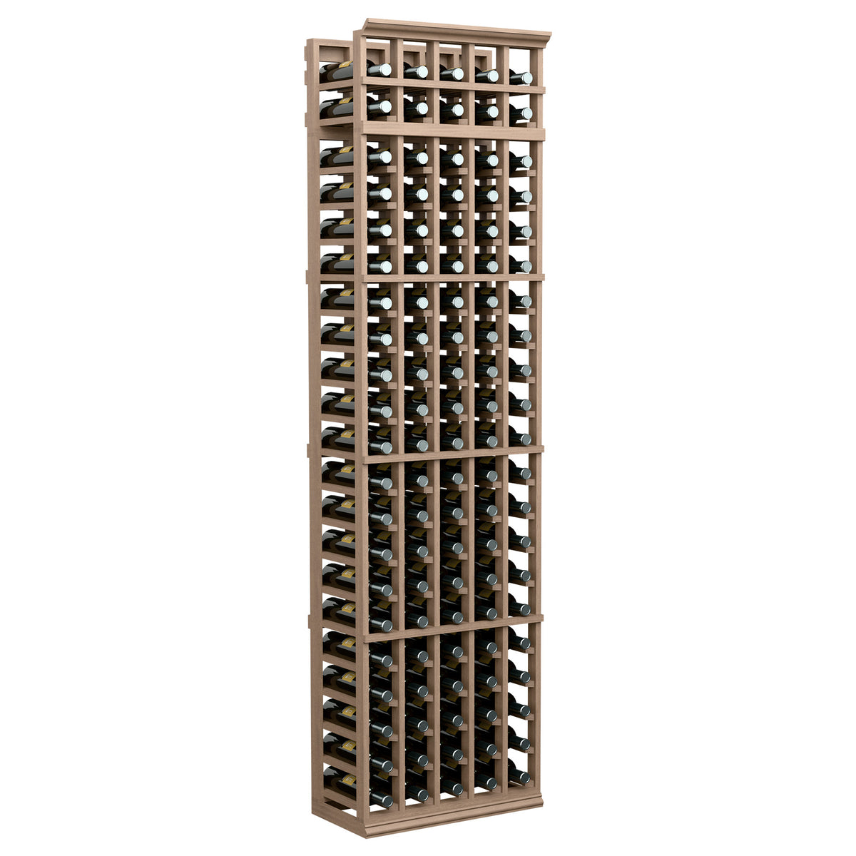 Light beige 5-column wine bottle rack with stacked bottle openings and grid shelves