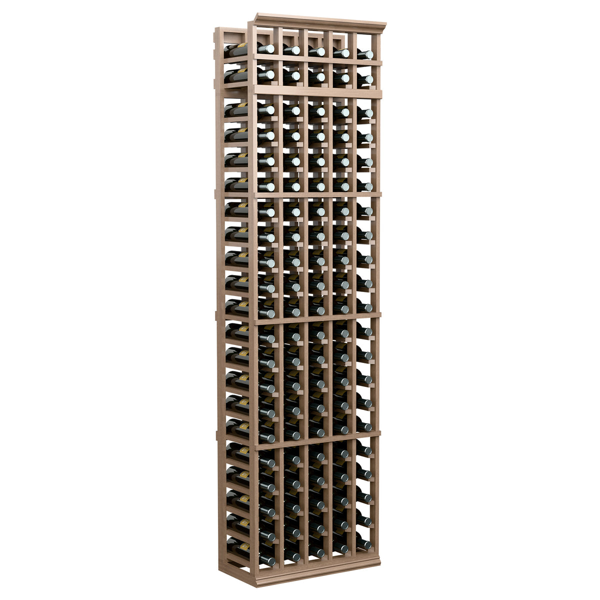 Light wood 5-column wine bottle rack with front bottle slots and grid frame