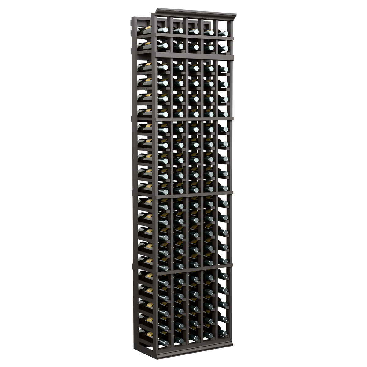 Dark gray 5-column wine bottle rack with front grid shelves and bottle openings