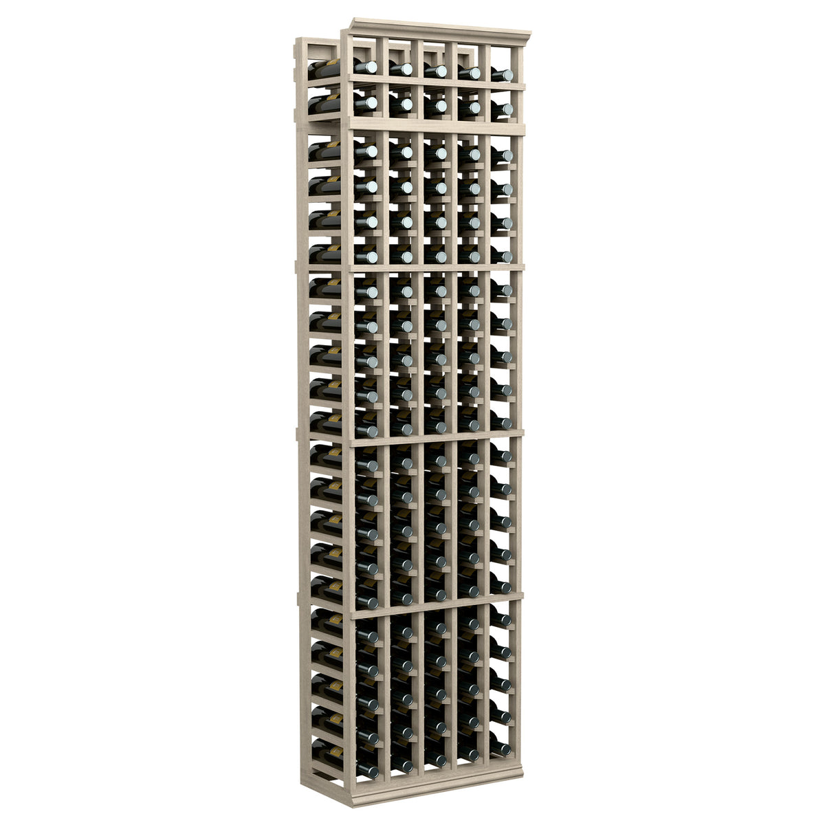 5-column wine bottle storage rack, 7 ft tall, light wood frame with black slots