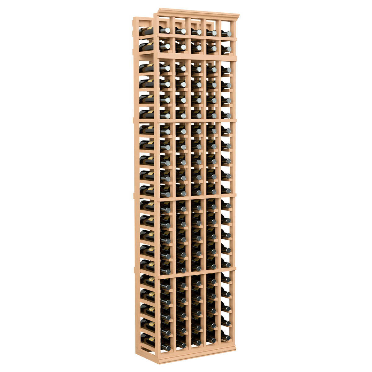5-column wine bottle storage rack, 7 ft tall, honey wood frame with black slots