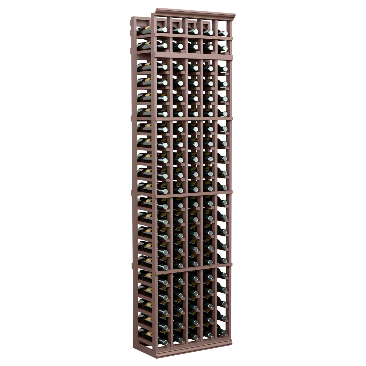 5-column wine bottle storage rack, 7 ft tall, dark wood frame with black slots