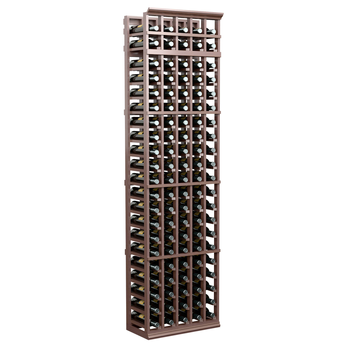5-column wine bottle storage rack, 7 ft tall, deep brown frame with black bottle slots