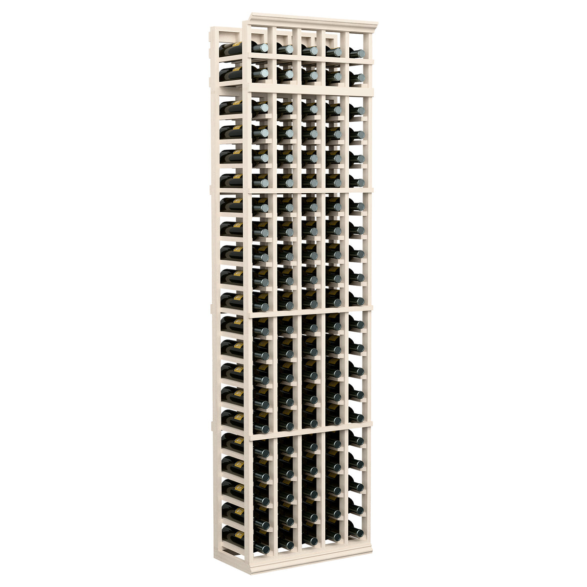 5-column wine bottle storage rack, 7 ft tall, whitewashed frame with black slots