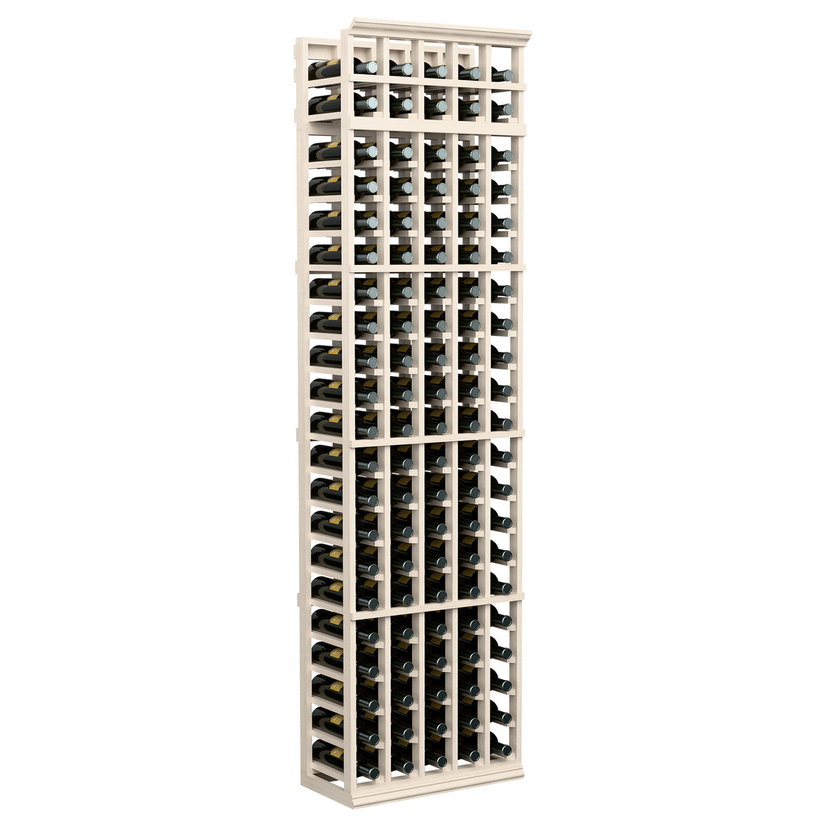 5-column wine bottle storage rack, 7 ft tall, white wood frame with black bottle separators
