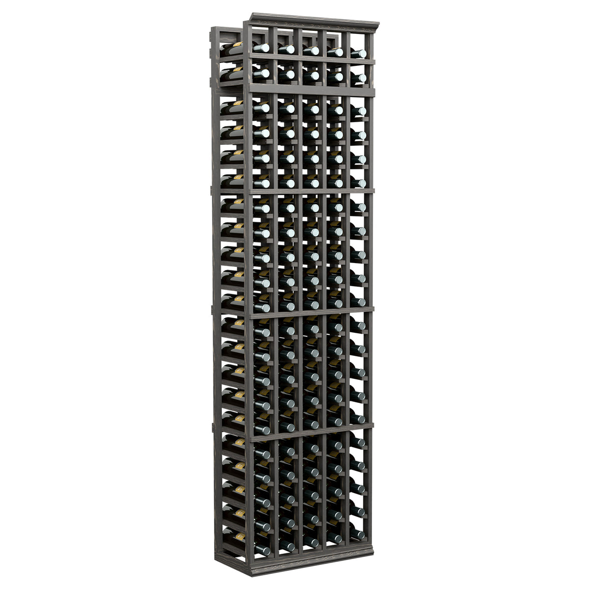Five-column wine bottle rack with black frame and open wood slats, holds bottles vertically.