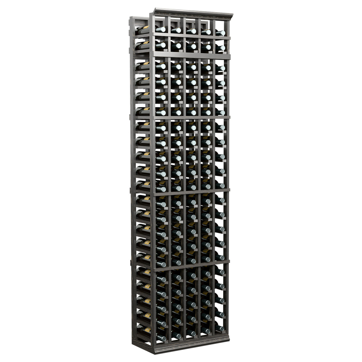 Five-column wine bottle rack with dark frame and open wood slats, bottles stored upright.
