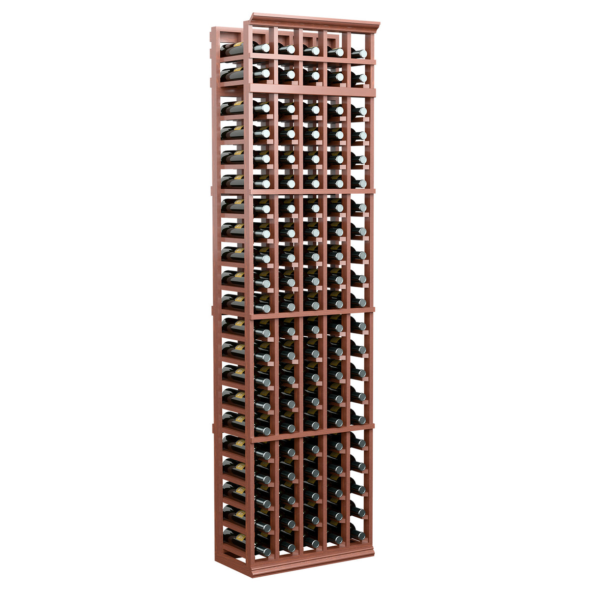 Five-column wine bottle rack with medium brown wood frame and open slats for vertical bottles.