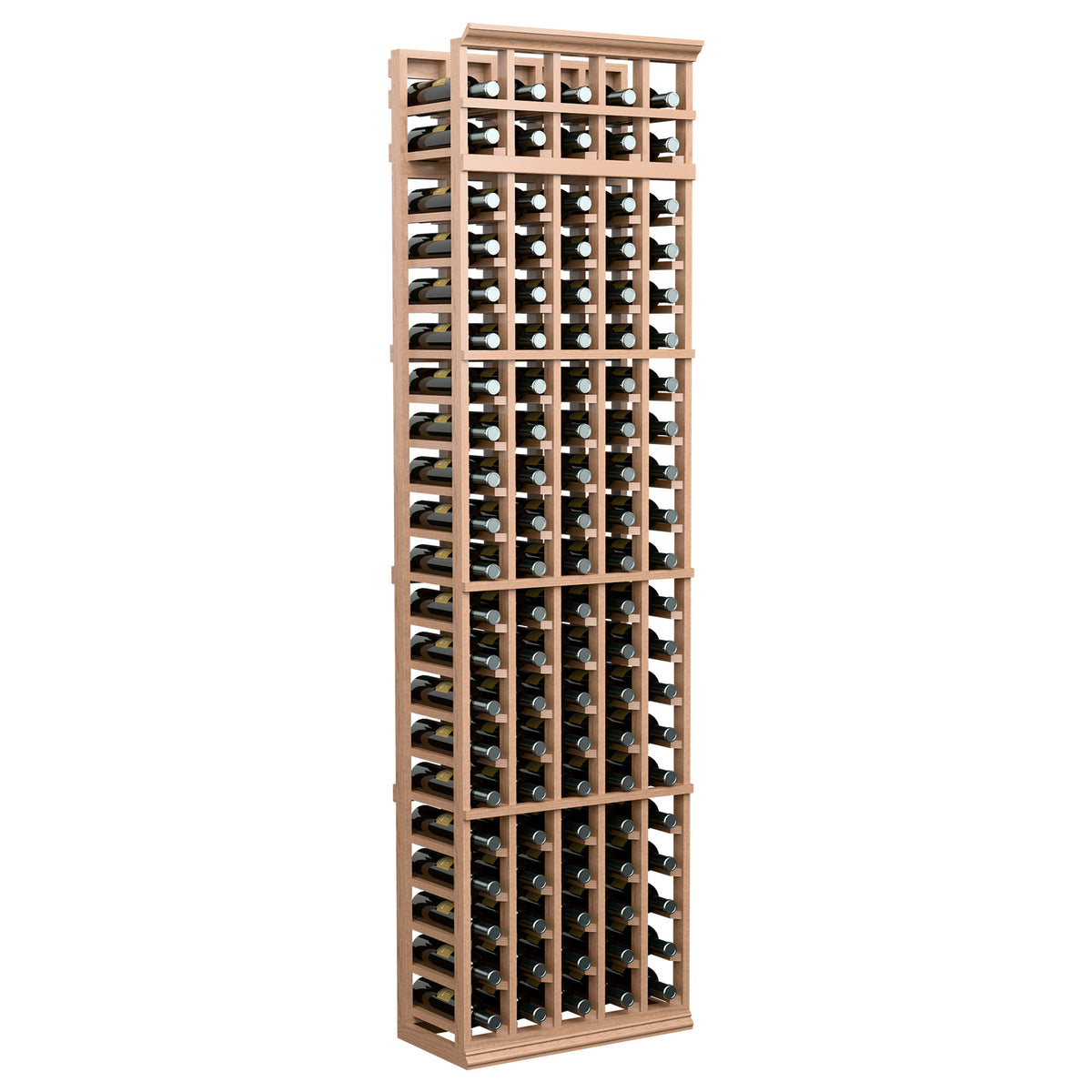 Five-column wine bottle rack with light tan wood frame and open slats, bottles stored upright.