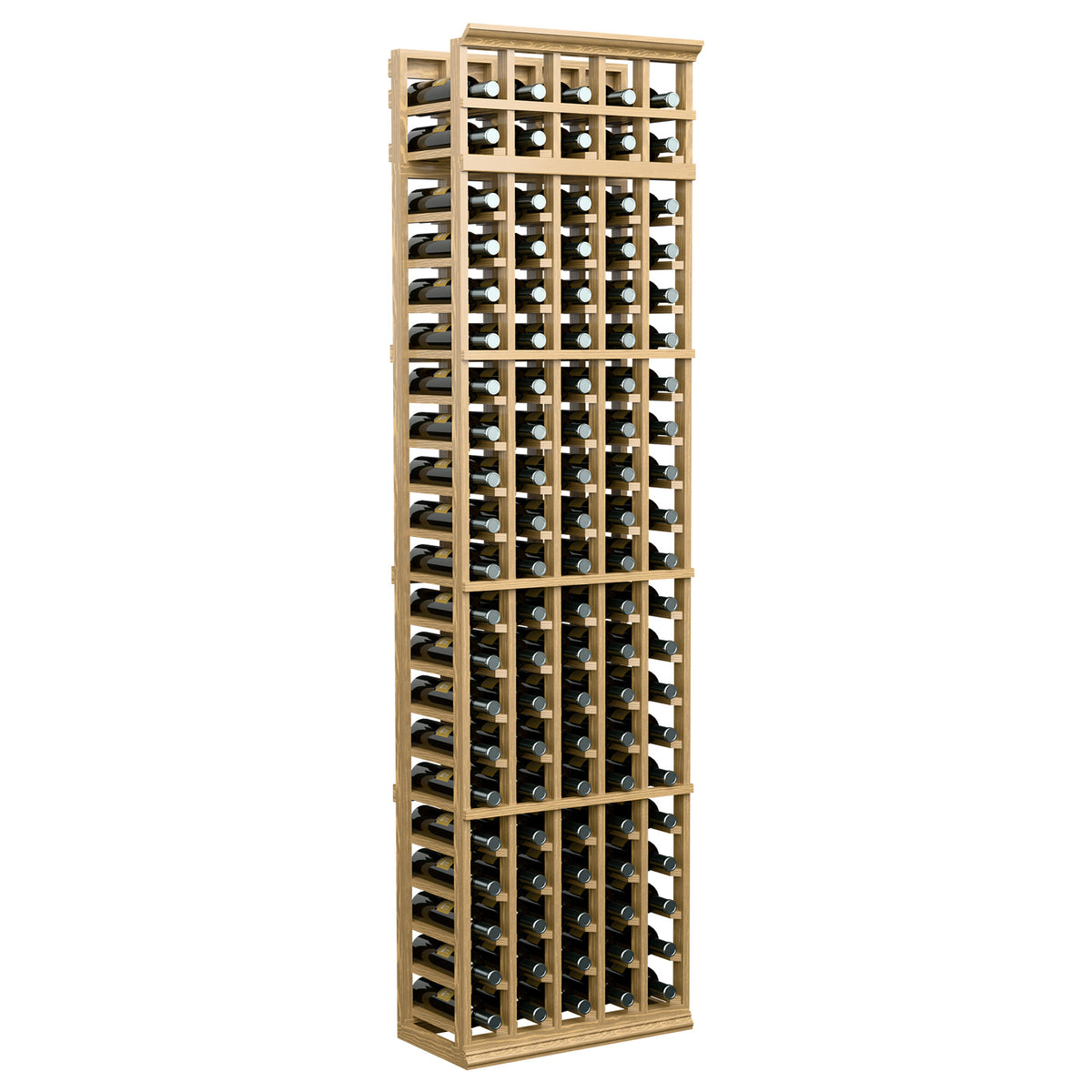 Five-column wine bottle rack with light wood frame and open slats, bottles stored upright.