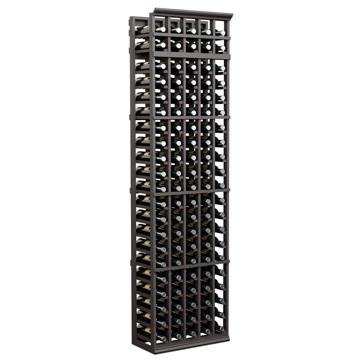 Five-column wine bottle rack with black frame and open wood slats, bottles stored vertically.