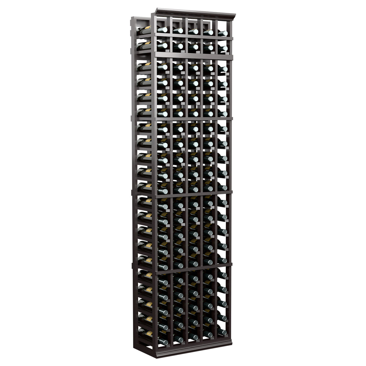 Five-column wine bottle rack with dark frame and open wood slats, bottles stored upright.