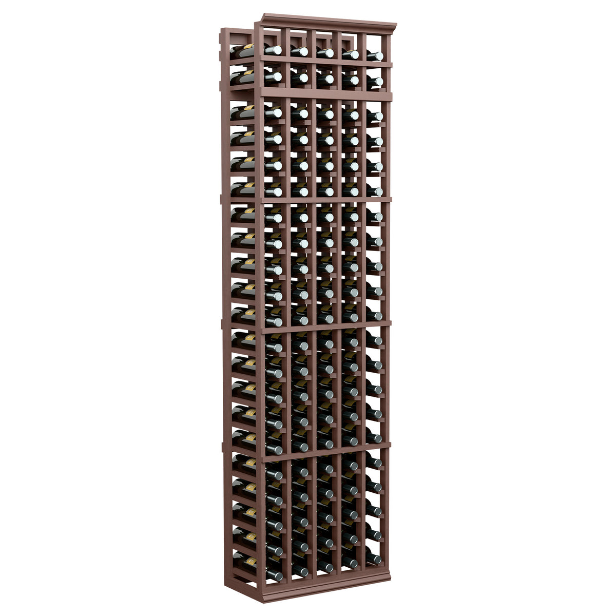 5-column wine bottle rack (7 ft) with dark wood frame and bottle storage slots
