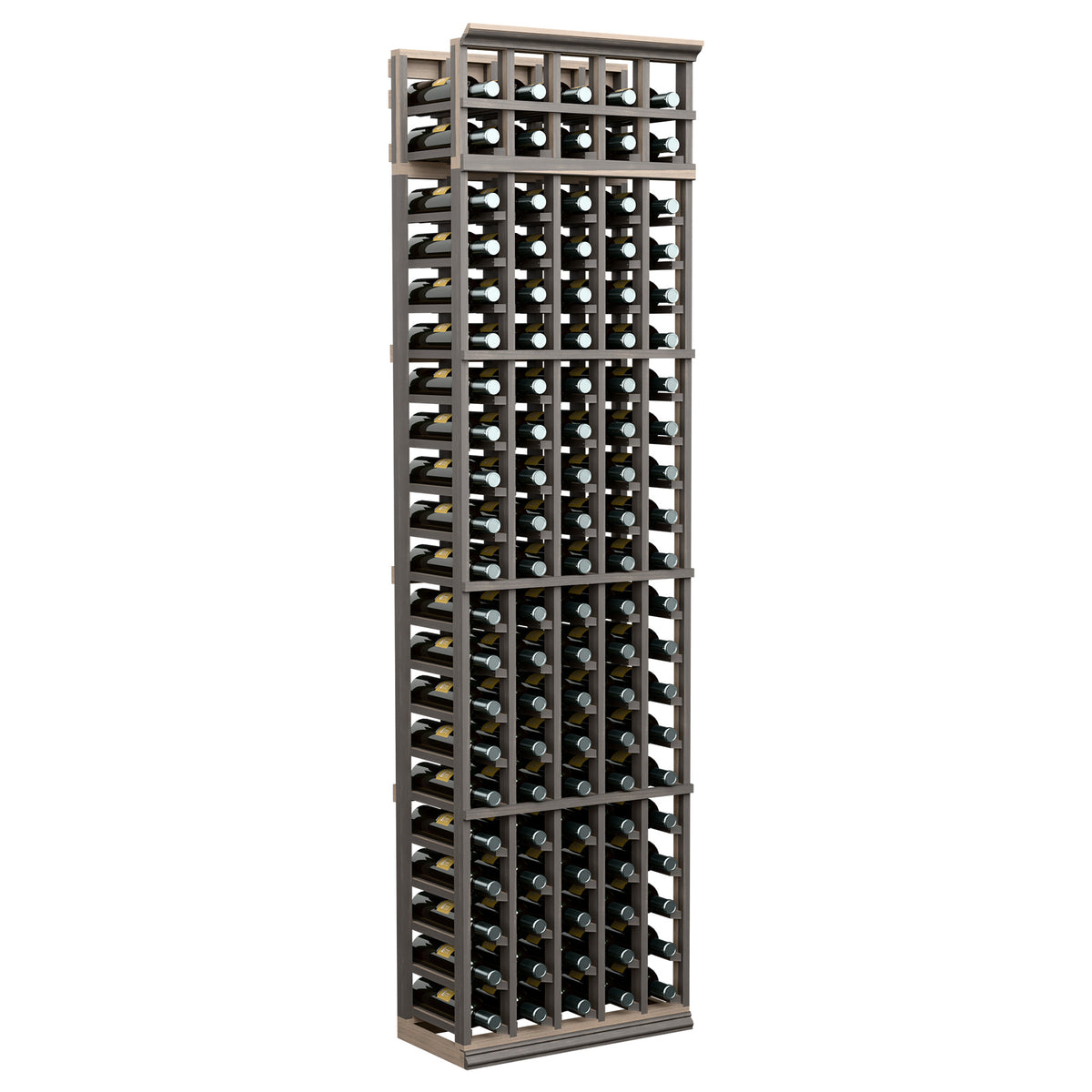 Tall 5-column wine bottle rack with dark gray frame and open bottle slots