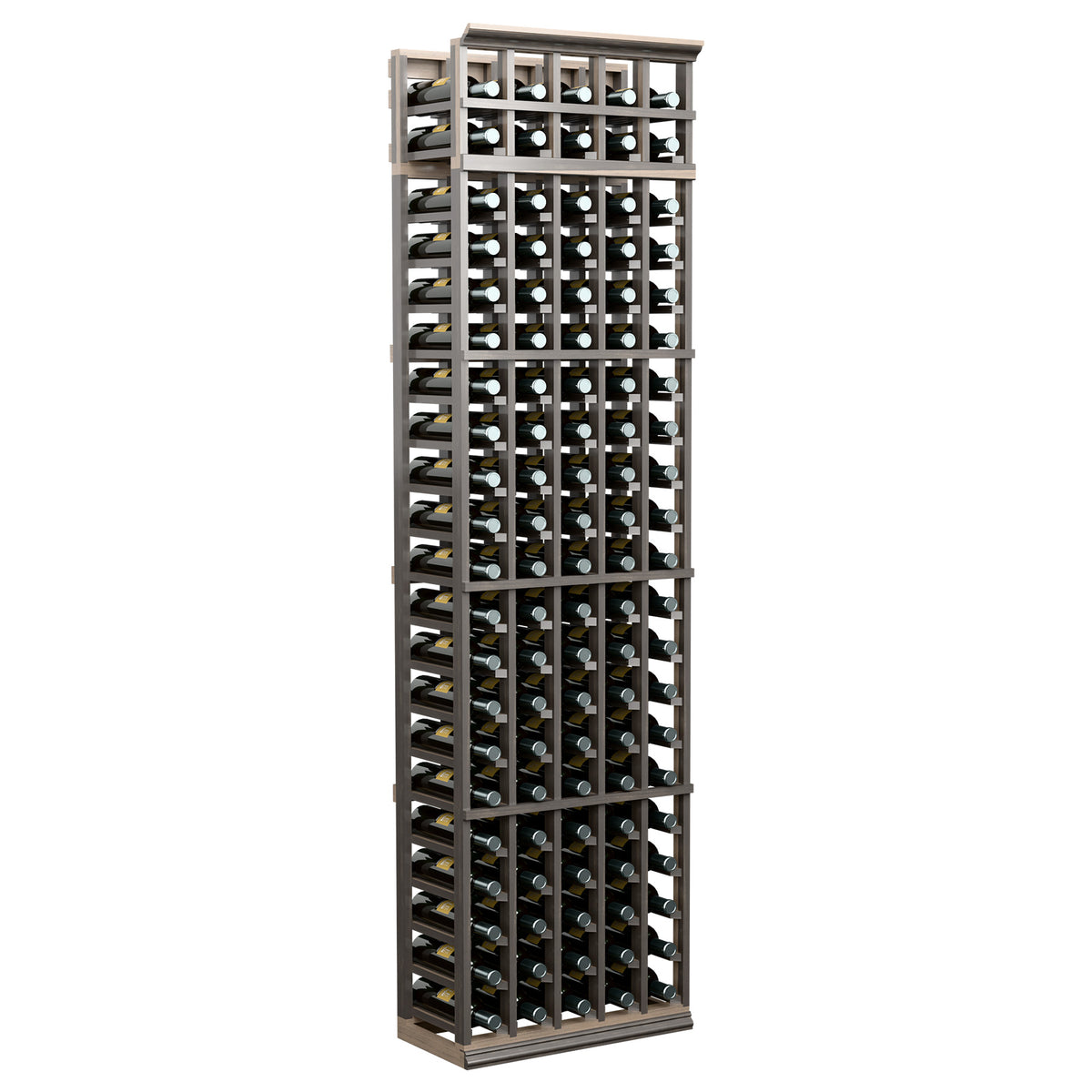 Tall 5-column wine bottle rack with charcoal-colored frame and multiple bottle cradles