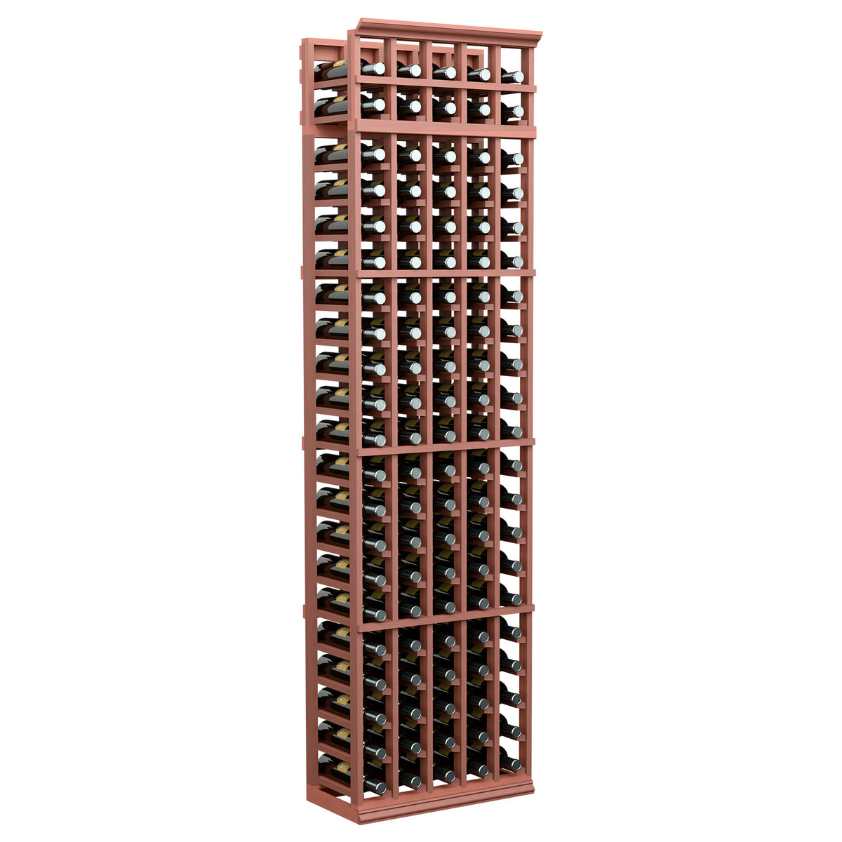 Tall 5-column wine bottle rack with reddish-brown wood frame and open bottle slots