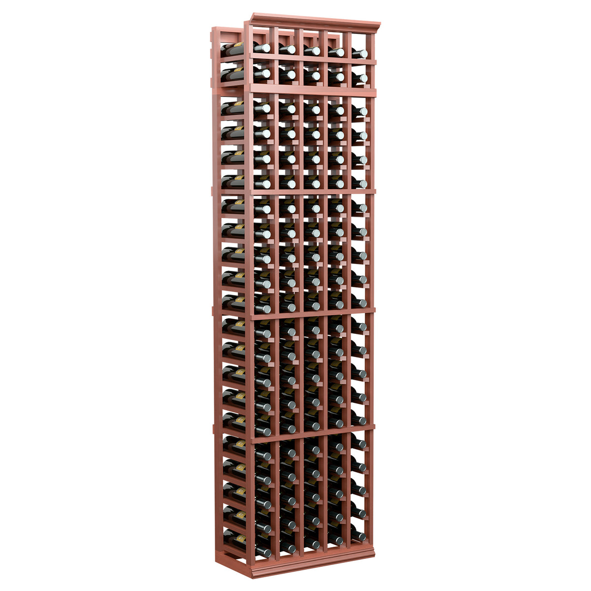 Tall 5-column wine bottle rack with warm brown wood frame and crisscross bottle supports