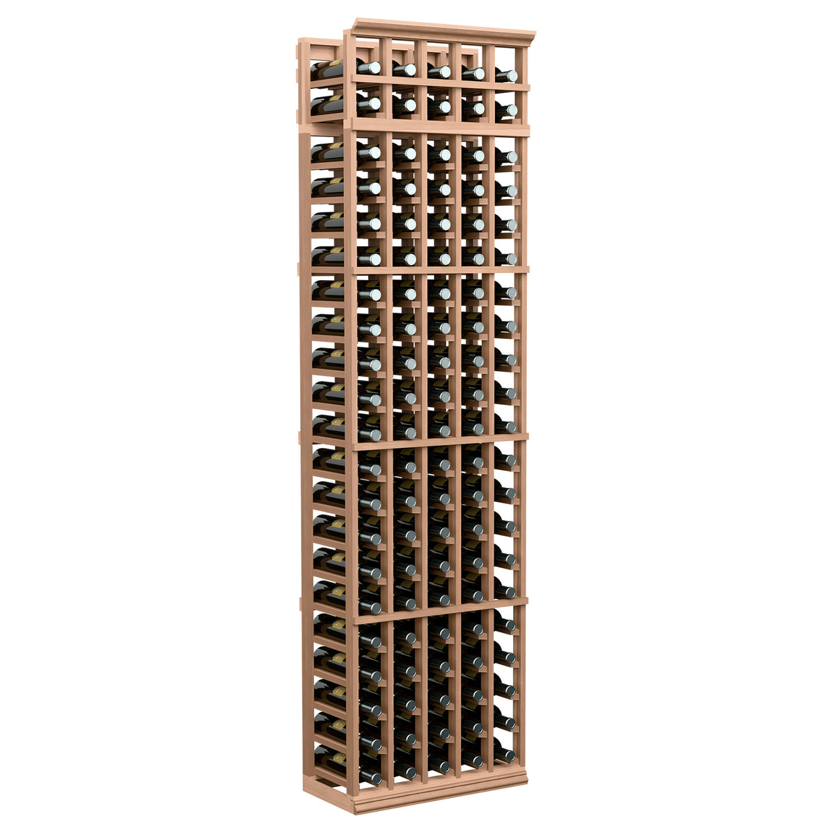 Tall 5-column wine bottle rack with light tan wood frame and open bottle cradles