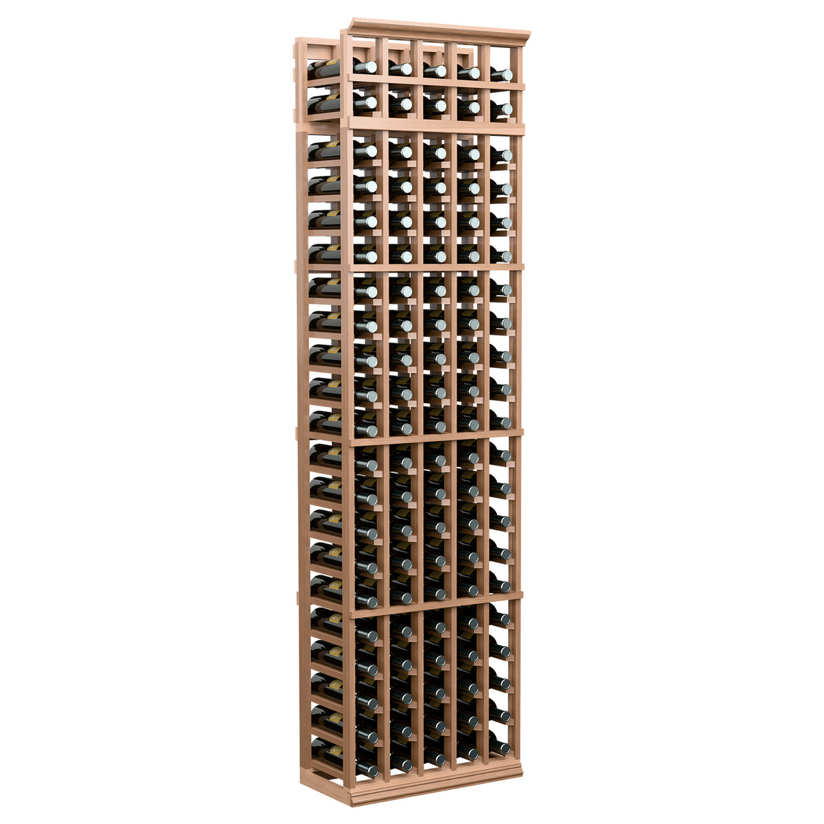 Tall 5-column wine bottle rack with natural wood tone frame and bottle storage rows