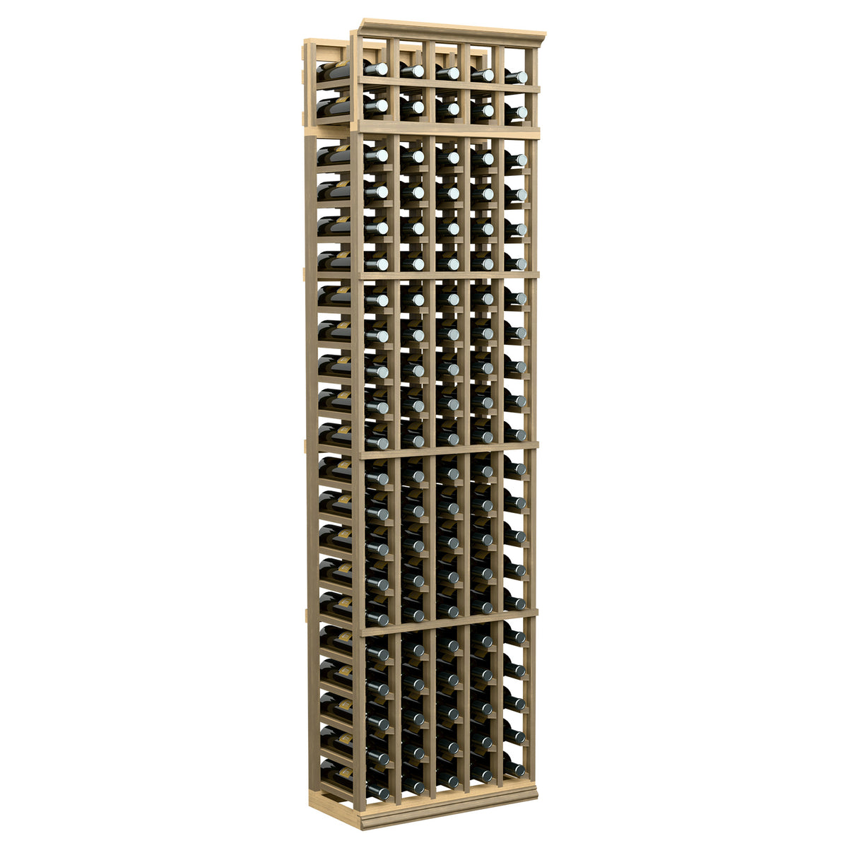 Tall 5-column wine bottle rack with pale wood frame and vertical bottle compartments