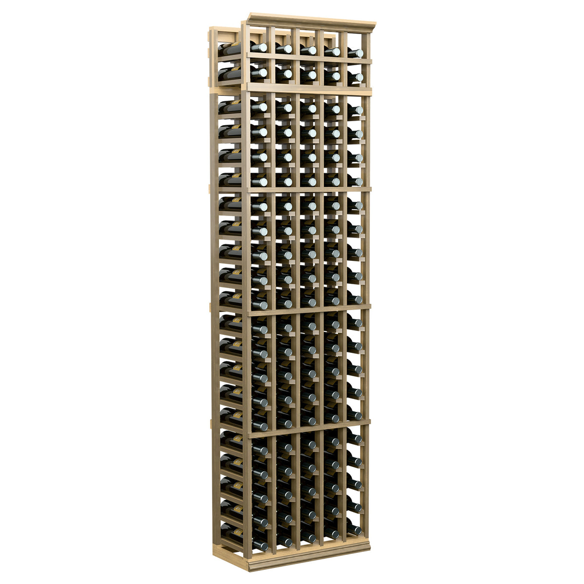 Tall 5-column wine bottle rack with light wood frame and stacked bottle openings