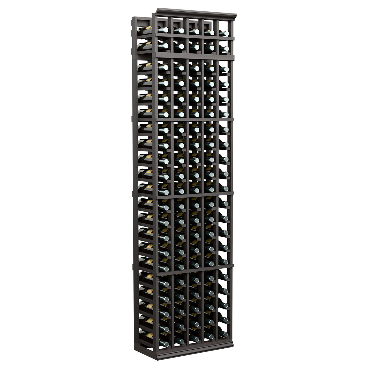 Tall 5-column wine bottle rack with dark charcoal frame and grid-style bottle slots