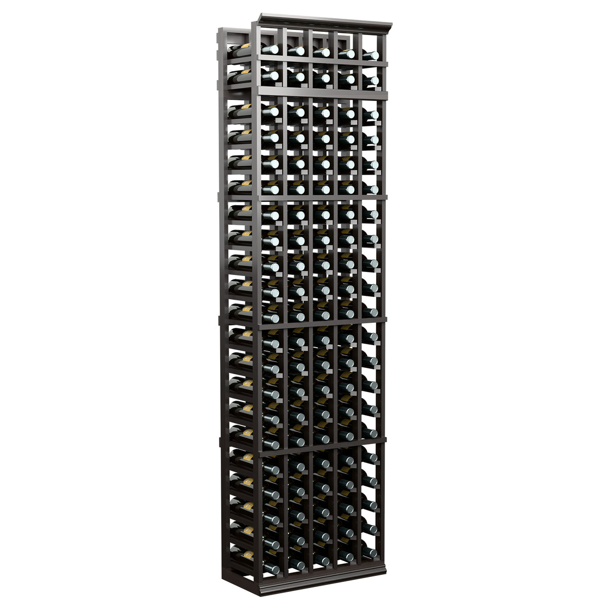 Tall 5-column wine bottle rack with blackish gray frame and rows of bottle holders