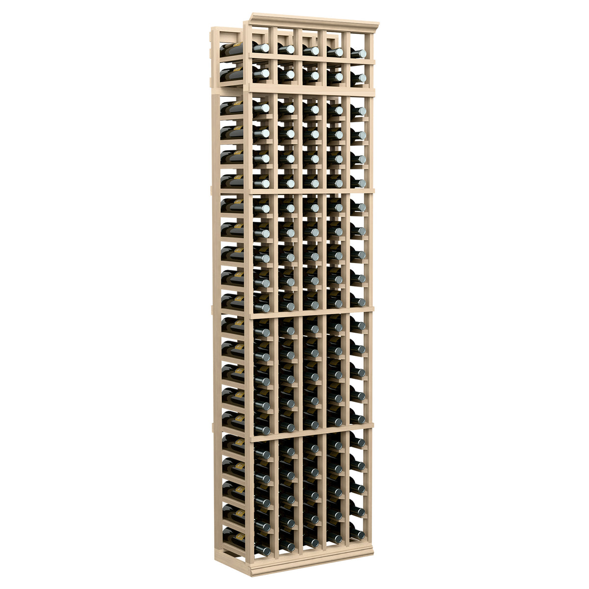 Tall wooden 5-column wine bottle rack with front grid, natural light frame
