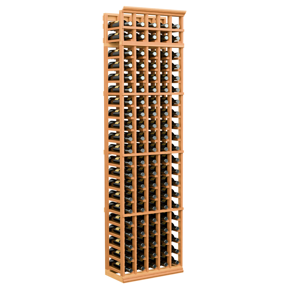 Tall wooden 5-column wine bottle rack with front grid, warm reddish frame