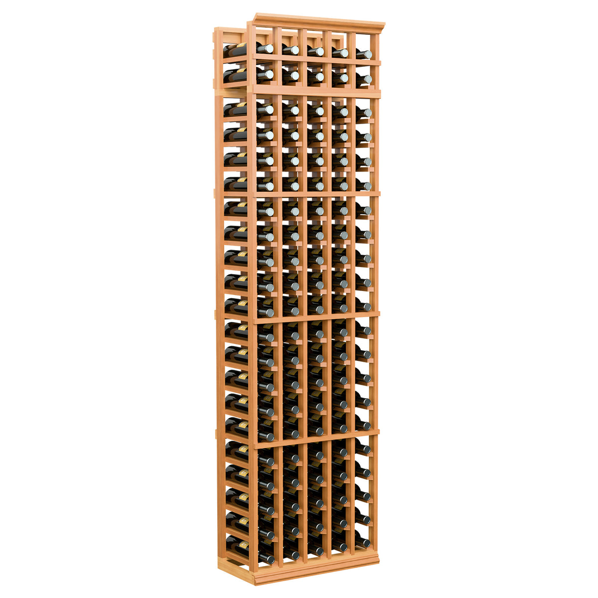 Tall wooden 5-column wine bottle rack with front grid, warm red-brown frame