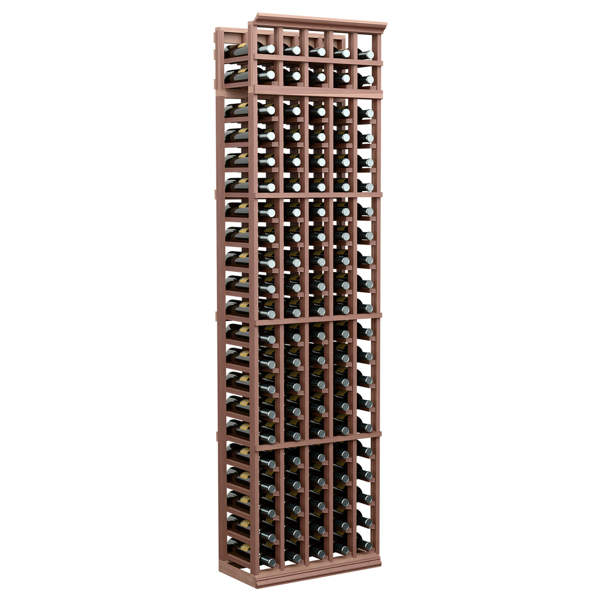 Tall wooden 5-column wine bottle rack with front grid, dark brown frame