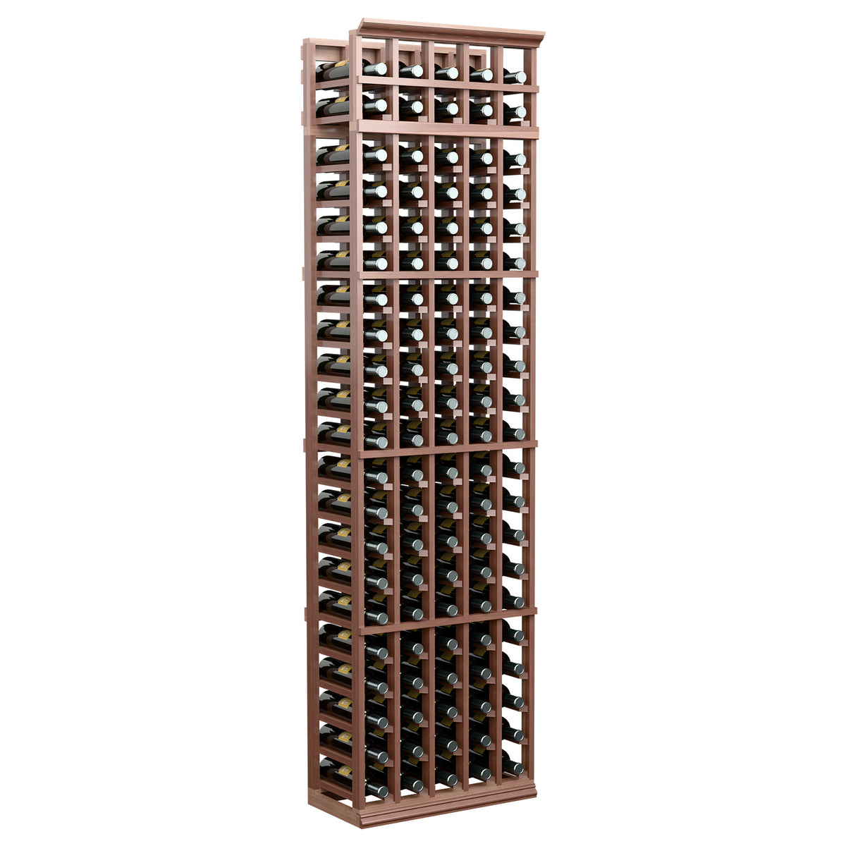 Tall wooden 5-column wine bottle rack with front grid, medium-dark espresso frame