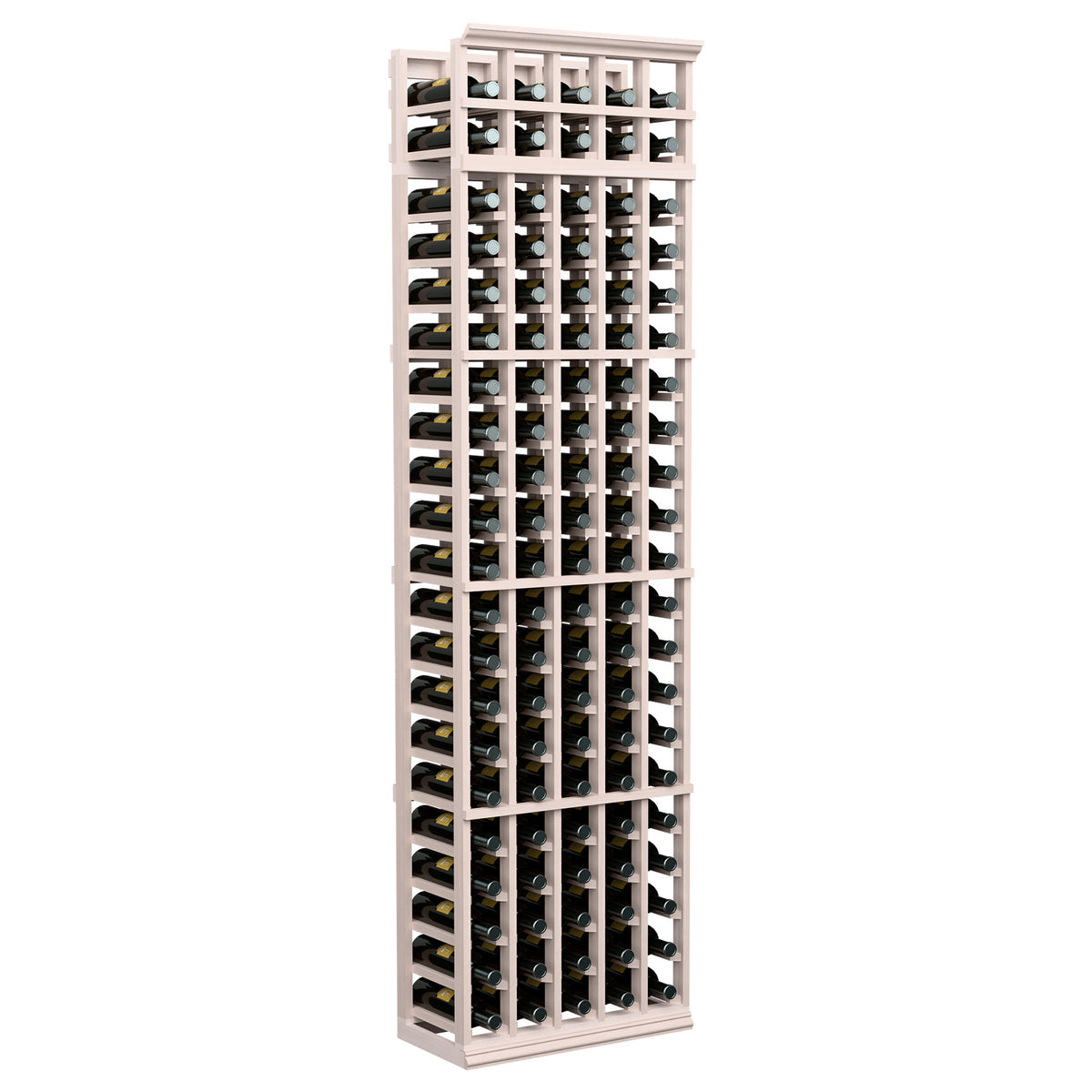 Tall wooden 5-column wine bottle rack with front grid, whitewashed light frame