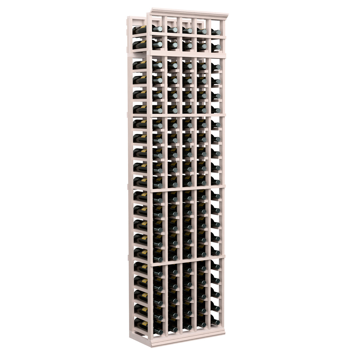 Full-height wooden 5-column wine bottle rack with front grid, whitewashed light frame