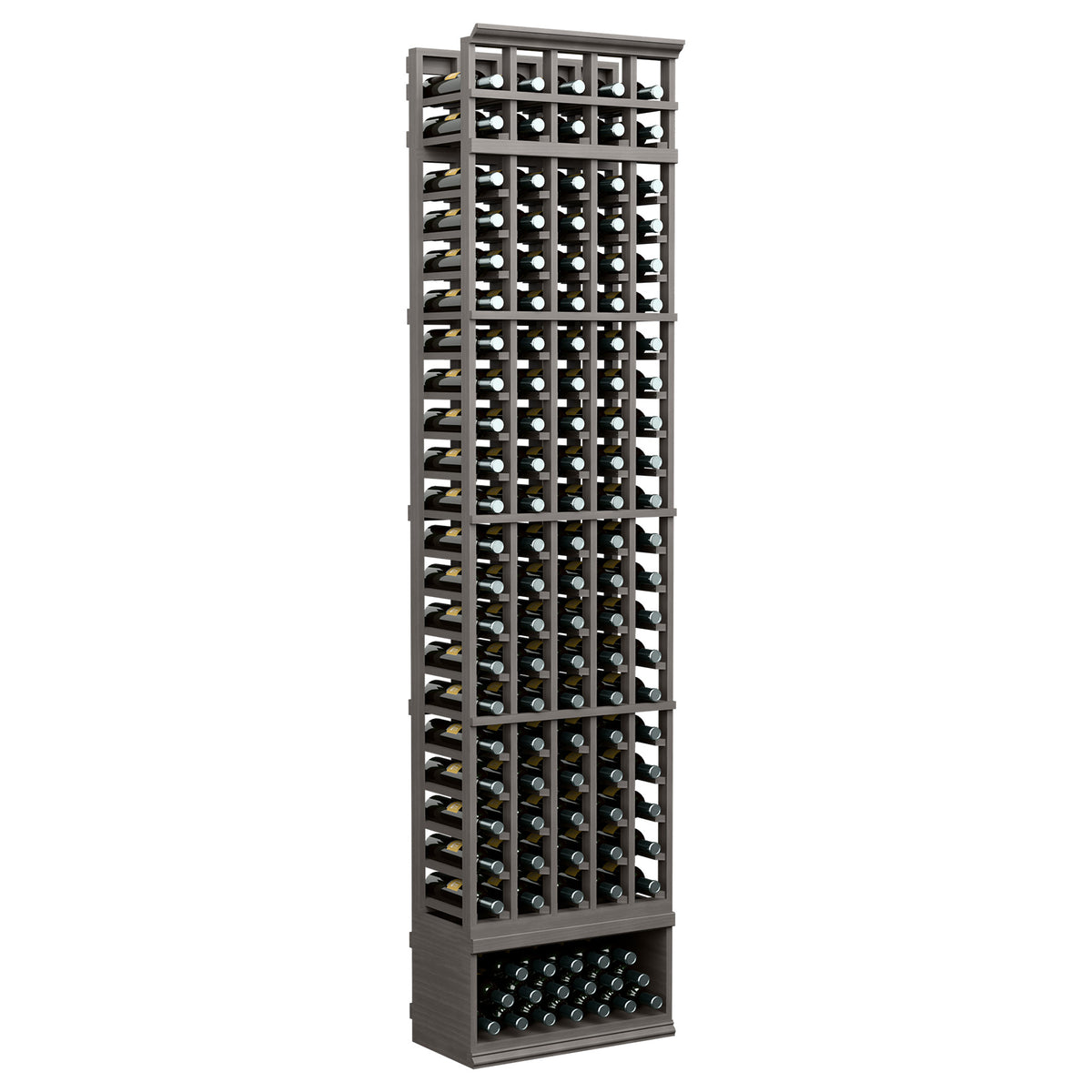 Wine bottle rack with black frame and five columns of bottle slots, front view